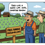 Two farmers stand by a fence overlooking a field of marshmallows with a sign that reads ‘Free Range Marshmallows.’ One farmer says, ‘They live a good life… until campfire season.’
